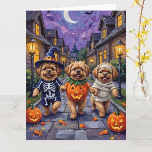 Pekinees Honden Trick-or-Treating Halloween Kostuu Kaart (Gele Bloem)
