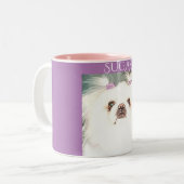 Pekinees koffiekopje in paarse en roze. tweekleurige koffiemok (Voorkant links)