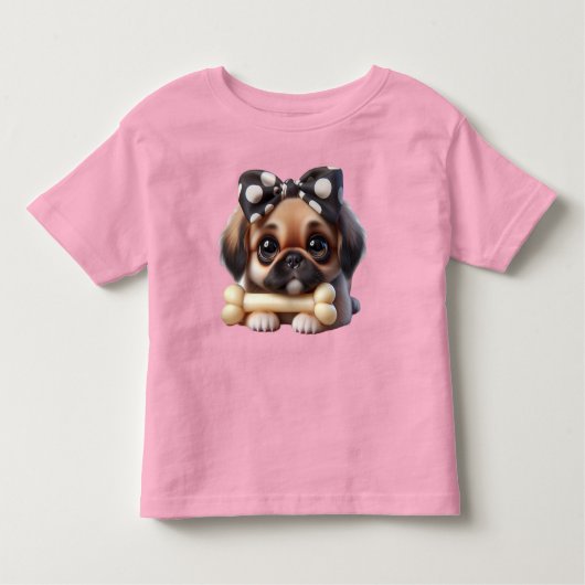 Pekinees met een polka dot boog en een bot kinder shirts (Voorkant)