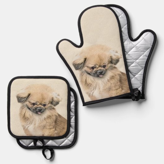 Pekinees schilderij Fawn Schattigee originele Pet  Ovenwant & Pannenlap Set (Voorkant / Achterkant)