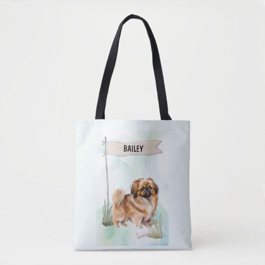 Pekinese Watercolor Personalized Dog Tote Bag (Voorkant)