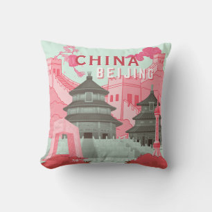 Peking China Reisposter Mintgroene, Roze Kunst Kussen