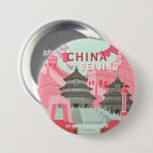 Peking China Reisposter | Mintgroene, Roze Kunst Ronde Button 7,6 Cm (Voorkant /achterkant)