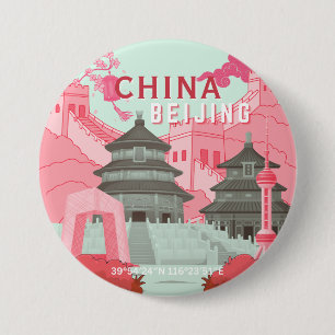 Peking China Reisposter   Mintgroene, Roze Kunst Ronde Button 7,6 Cm