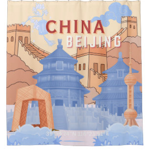 Peking China Reisposter Pastelblauw & Perzik Douchegordijn
