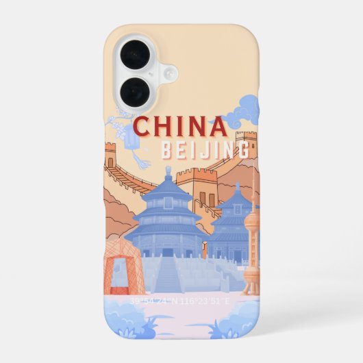 Peking China Reisposter | Pastelblauw & Perzik iPhone 16 Hoesje (Achterkant)