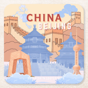 Peking China Reisposter Pastelblauw & Perzik Kartonnen Onderzetters