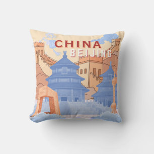 Peking China Reisposter Pastelblauw & Perzik Kussen