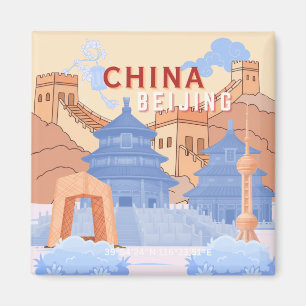 Peking China Reisposter   Pastelblauw & Perzik Magneet