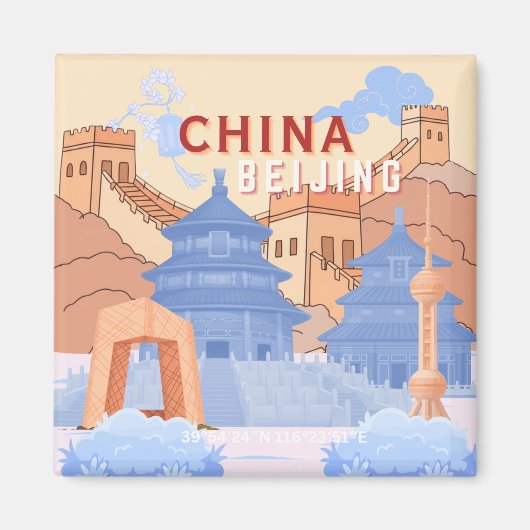 Peking China Reisposter | Pastelblauw & Perzik Magneet (Voorkant)