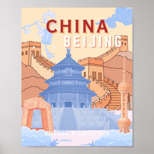 Peking China Reisposter | Pastelblauw & Perzik Poster (Voorkant)