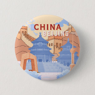 Peking China Reisposter Pastelblauw & Perzik Ronde Button 5,7 Cm
