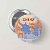 Peking China Reisposter | Pastelblauw & Perzik Ronde Button 5,7 Cm (Voorkant /achterkant)
