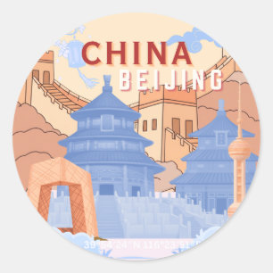 Peking China Reisposter Pastelblauw & Perzik Ronde Sticker