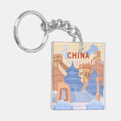 Peking China Reisposter | Pastelblauw & Perzik Sleutelhanger (Voorkant Links)
