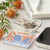 Peking China Reisposter | Pastelblauw & Perzik Sleutelhanger (Voorkant Rechts)
