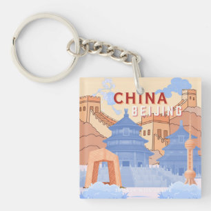 Peking China Reisposter   Pastelblauw & Perzik Sleutelhanger