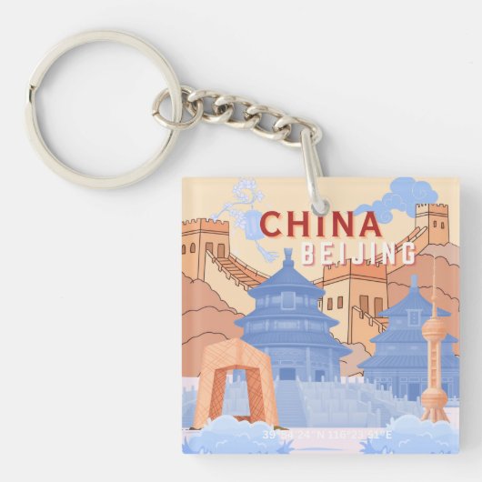 Peking China Reisposter | Pastelblauw & Perzik Sleutelhanger (Voorkant)