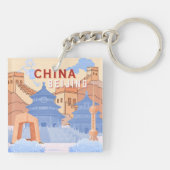 Peking China Reisposter | Pastelblauw & Perzik Sleutelhanger (Achterkant)