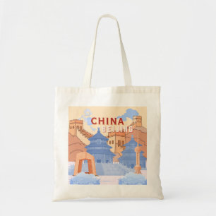 Peking China Reisposter Pastelblauw & Perzik Tote Bag