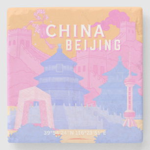 Peking China Reisposter Roze & Blau Pastel Stenen Onderzetter