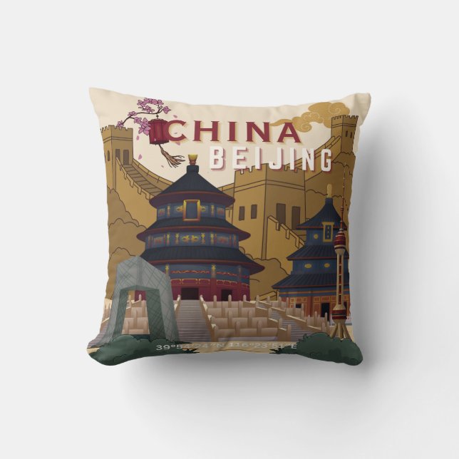 Peking China Reisposter | Vintage Illustratie Kussen (Voorkant)