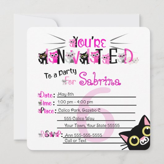 Peking Katten Roze Polka Dot Party Uitnodiging (Achterkant)