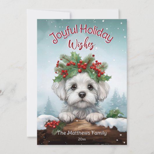 Peking Maltese hond Sneeuwend Bos Pet Portret Feestdagenkaart (Voorkant)
