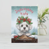 Peking Maltese hond Sneeuwend Bos Pet Portret Feestdagenkaart (Staand voorkant)