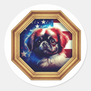 Pekingees Hond Amerikaanse Vlag Gouden Lijst Ronde Sticker