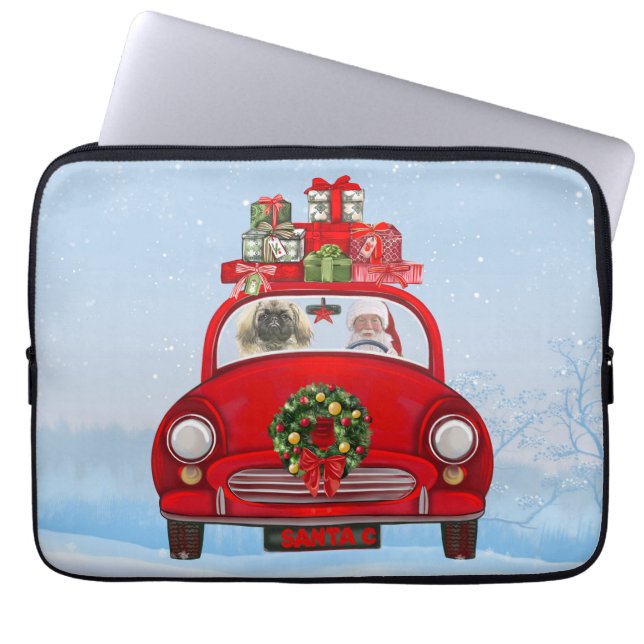Pekingees Hond In Auto Met Kerstman Laptop Sleeve (Voorkant)