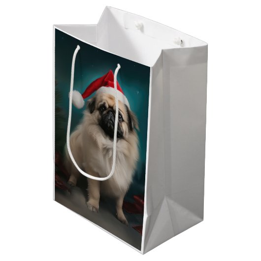 Pekingees hond in de sneeuw Kerstmis Medium Cadeauzakje (Voorkant Gekanteld)