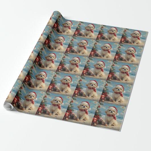 Pekingees Hond Kerstmis Vintage Strand Cadeaupapier (Uitgerold)