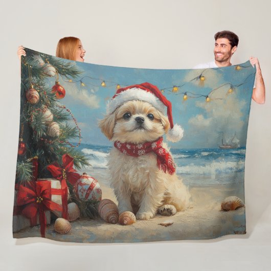 Pekingees Hond Kerstmis Vintage Strand Fleece Deken (In situ)