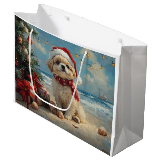 Pekingees Hond Kerstmis Vintage Strand Groot Cadeauzakje (Voorkant Gekanteld)