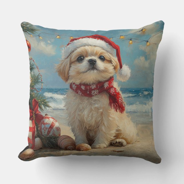 Pekingees Hond Kerstmis Vintage Strand Kussen (Voorkant)