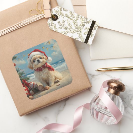 Pekingees Hond Kerstmis Vintage Strand Vierkante Sticker (Geschenken)
