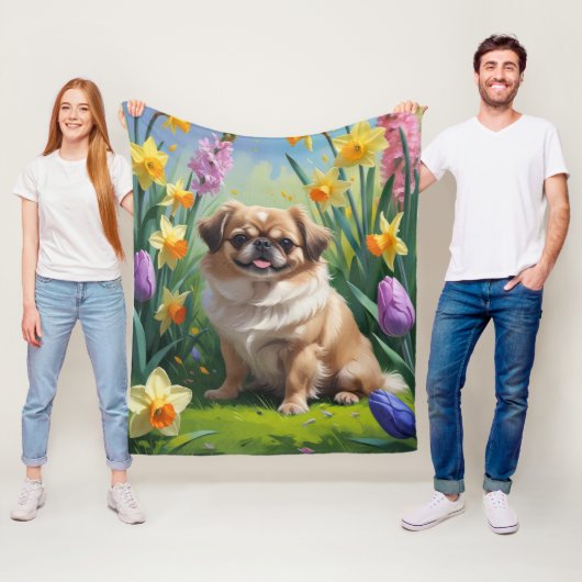 Pekingees Hond Lente Bloemen Schilderij Fleece Deken (In situ)