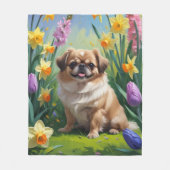 Pekingees Hond Lente Bloemen Schilderij Fleece Deken (Voorkant)