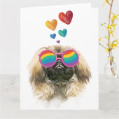 Pekingees Hond met Hartjes Valentijnsdag Kaart (Gele Bloem)