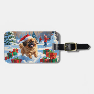 Pekingees honden die in de sneeuw lopen met een ke bagagelabel
