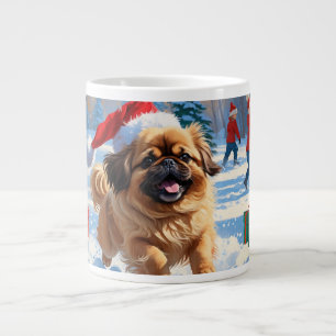 Pekingees honden rennen in de sneeuw met kerstmuts grote koffiekop