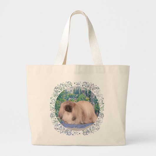 Pekingees in Bloementuin Grote Tote Bag (Voorkant)