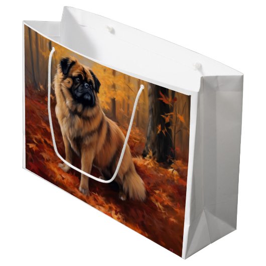 Pekingees in de herfst Bladeren vallen inspireren Groot Cadeauzakje (Voorkant Gekanteld)