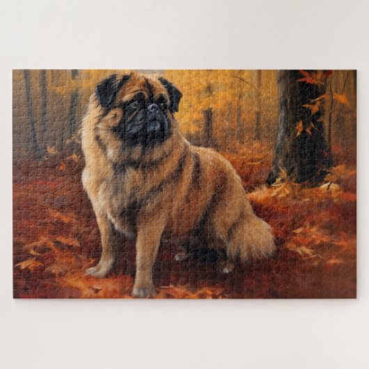 Pekingees in de herfst Bladeren vallen inspireren Legpuzzel (Horizontaal)