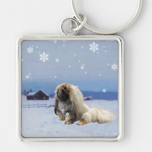Pekingees in de Winter Sleutelhanger (Voorkant)