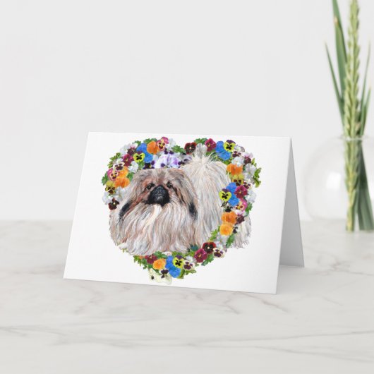 Pekingees in een bloemhart feestdagen kaart (Voorkant)