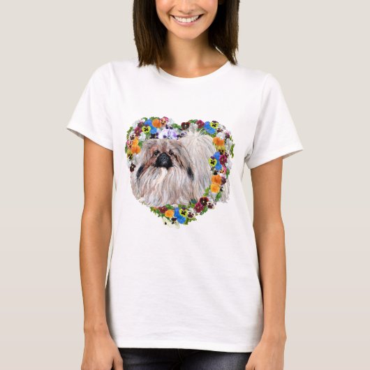 Pekingees in een bloemhart t-shirt (Voorkant)