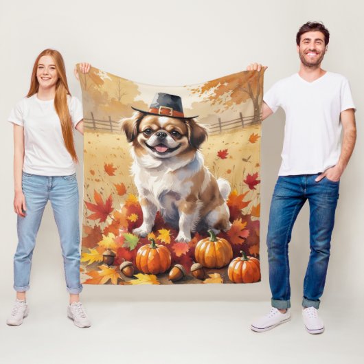 Pekingees in herfstbladeren dankbaarheid kunst fleece deken (In situ)