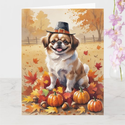 Pekingees in Herfstbladeren Dankbaarheid Kunst Kaart (Orchidee)